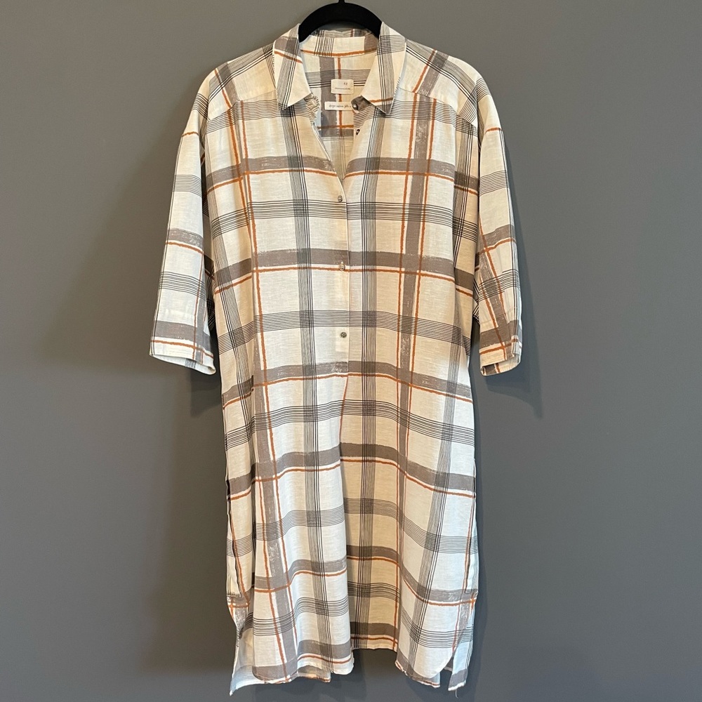 Pomandere Women's Italian Linen Cotton Plaid Button Tunic Shirt Dress Size 42